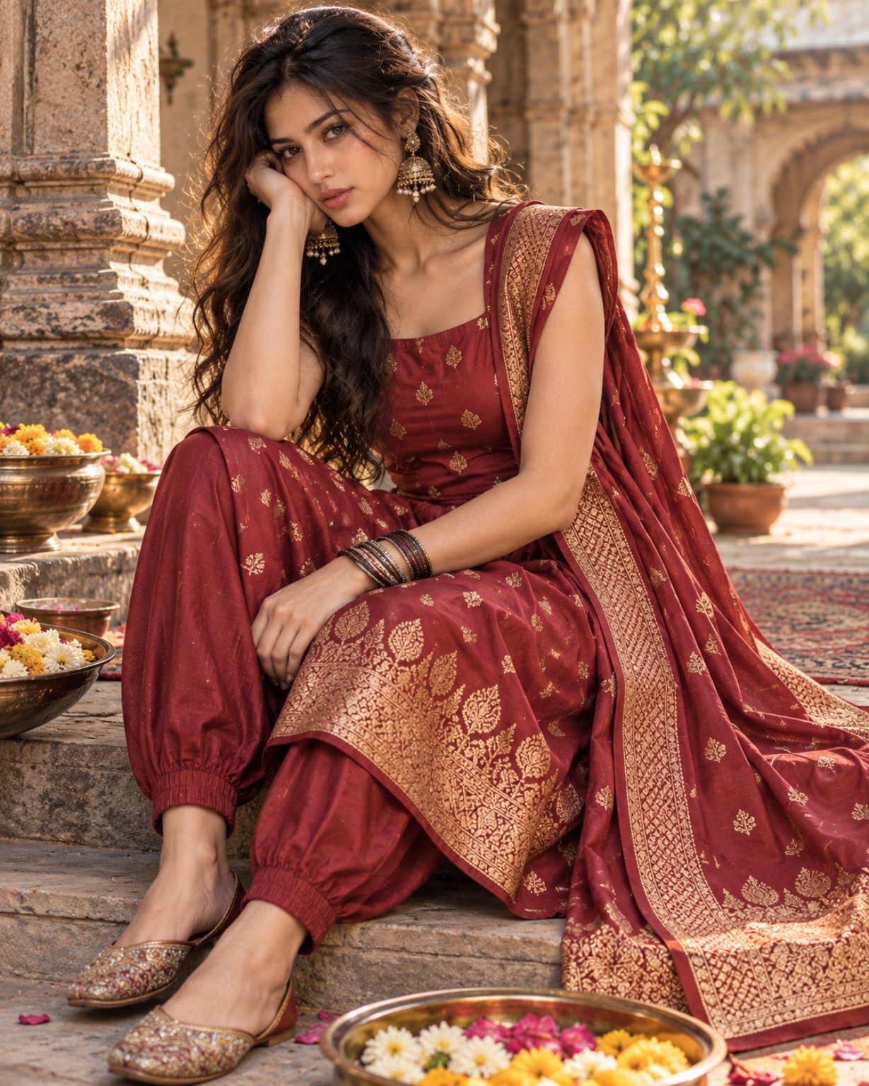 Nyra Voss in a champagne-toned embellished couture look with pearl statement earrings, photographed in warm natural light with natural skin texture and fine facial details.