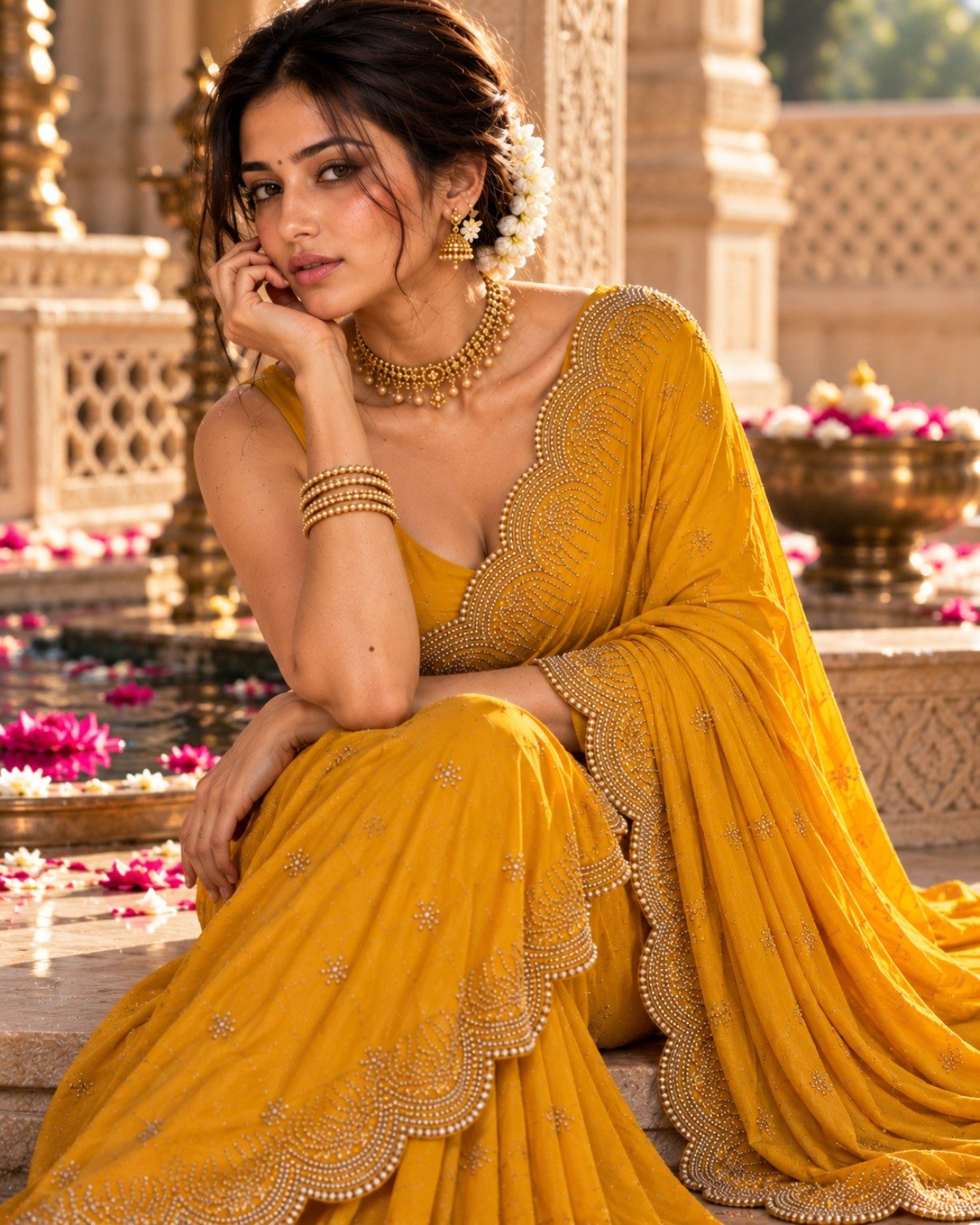 Seated editorial portrait of Nyra Voss in a mustard-gold embellished saree with layered gold jewellery and a carved palace courtyard behind her.